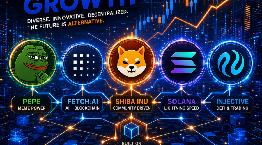 SEO-Optimized Alt-Text: "Futuristic digital landscape visualizing altcoin market volatility and growth, featuring vibrant stylized icons of key cryptocurrencies: Pepe (frog), Fetch.ai (AI nodes), Shiba Inu (dog), Solana (lightning), and Injective (network graph). The altcoins are interconnected by glowing blockchain lines on an energetic tech background blending orange, dark blue, and midnight blue brand colors. Subtle candlestick charts and upward price waves represent market momentum, diversity, and innovation in crypto."