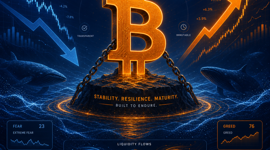 **SEO Alt-Text:** Modern digital illustration of a large, stylized Bitcoin symbol illuminated by vibrant orange and accented with dark and midnight blue, anchored firmly amid abstract representations of turbulent price charts, liquidity waves, and subtle whale silhouettes, with dynamic up and down arrows showing market pressures—visually conveying Bitcoin’s resilience, stability, and maturity for a fintech brand, sized for 1200 x 628 pixels.