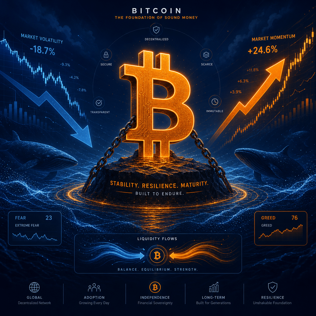 **SEO Alt-Text:** Modern digital illustration of a large, stylized Bitcoin symbol illuminated by vibrant orange and accented with dark and midnight blue, anchored firmly amid abstract representations of turbulent price charts, liquidity waves, and subtle whale silhouettes, with dynamic up and down arrows showing market pressures—visually conveying Bitcoin’s resilience, stability, and maturity for a fintech brand, sized for 1200 x 628 pixels.