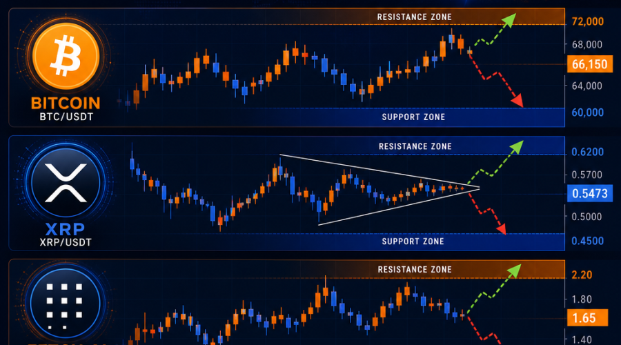 **Great SEO Alt-Text:** Modern crypto market illustration in 1200x628 size featuring Bitcoin, XRP, and Fetch.ai icons atop stylized chart lines with candlesticks and trendlines, showing volatile price levels and key support/resistance zones; dynamic arrows indicate price movement on a sleek background blending dark blue, midnight blue, and orange highlights, reflecting real-time crypto market analysis and pivotal trading decisions.