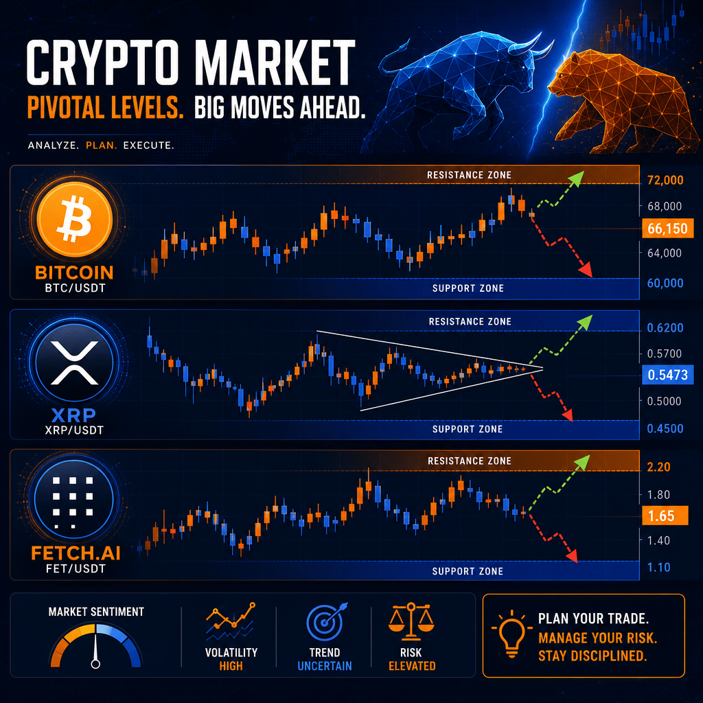**Great SEO Alt-Text:** Modern crypto market illustration in 1200x628 size featuring Bitcoin, XRP, and Fetch.ai icons atop stylized chart lines with candlesticks and trendlines, showing volatile price levels and key support/resistance zones; dynamic arrows indicate price movement on a sleek background blending dark blue, midnight blue, and orange highlights, reflecting real-time crypto market analysis and pivotal trading decisions.