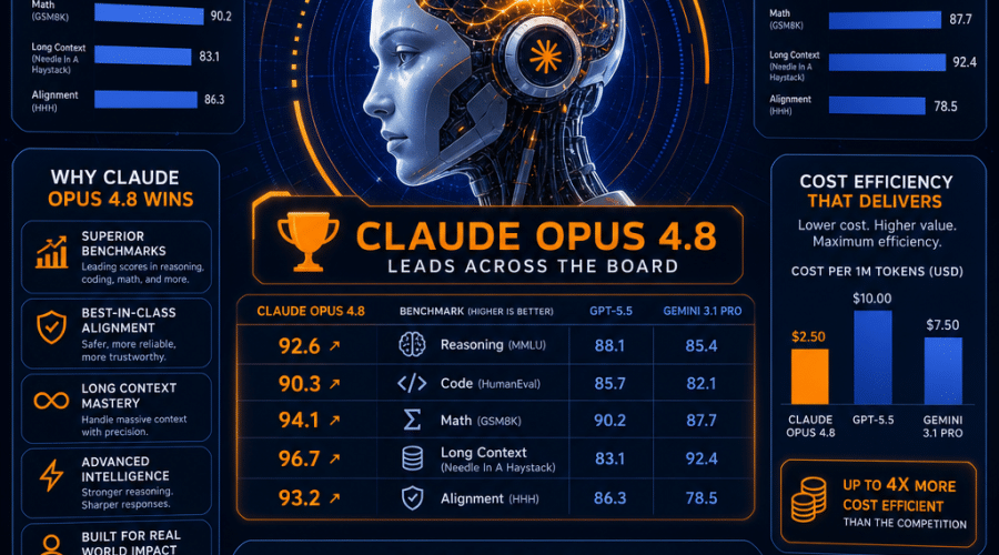 **SEO alt-text:** Futuristic digital illustration showcasing the competitive landscape of advanced AI language models, featuring a central robot brain representing Claude Opus 4.8 surrounded by contrasting charts, data visualizations, and mathematical equations that highlight superior benchmarks, performance, alignment, and cost efficiency; includes subtle GPT-5.5 and Gemini 3.1 Pro logos to illustrate rivalry, using a dynamic palette of orange (#FF9811), dark blue (#000D43), and midnight blue (#021B88), sized 1200x628 pixels, ideal for a technology-focused WordPress blog post.
