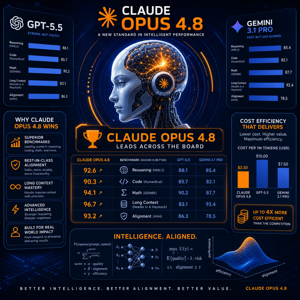 **SEO alt-text:** Futuristic digital illustration showcasing the competitive landscape of advanced AI language models, featuring a central robot brain representing Claude Opus 4.8 surrounded by contrasting charts, data visualizations, and mathematical equations that highlight superior benchmarks, performance, alignment, and cost efficiency; includes subtle GPT-5.5 and Gemini 3.1 Pro logos to illustrate rivalry, using a dynamic palette of orange (#FF9811), dark blue (#000D43), and midnight blue (#021B88), sized 1200x628 pixels, ideal for a technology-focused WordPress blog post.