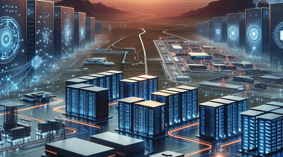 Here is a highly effective SEO alt-text for your described image: Alt-text: "Futuristic digital illustration of Core Scientific’s new AI data center campus in Oklahoma, featuring sleek, high-tech server buildings and advanced power infrastructure set against a sweeping prairie landscape. The scene includes digital AI elements like neural network motifs and interconnected nodes, with accents in vibrant orange (#FF9811), dark blue (#000D43), and midnight blue (#021B88), visually representing innovation, the transformation from Bitcoin mining to artificial intelligence infrastructure, and large-scale technology backed by robust energy solutions following Core Scientific’s 1M acquisition of Polaris DS." Let me know if you want this condensed or tailored for different platforms!