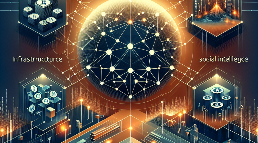 **Great SEO Alt-Text:** Modern digital illustration of leading 2024 crypto sectors—blockchain infrastructure, DeFi, AI, and social tokens—interconnected through networks and futuristic digital landscapes. Features geometric network and bridge icons for infrastructure, token exchanges for DeFi, AI brain graphics, and community symbols for social tokens. Design uses Orange #FF9811, Dark Blue #000D43, and Midnight Blue #021B88 with dynamic gradients, clean professional style, and visual cues for capital rotation, innovation, and technological growth. Perfect for representing crypto trends and blockchain technology in a sleek, modern context.