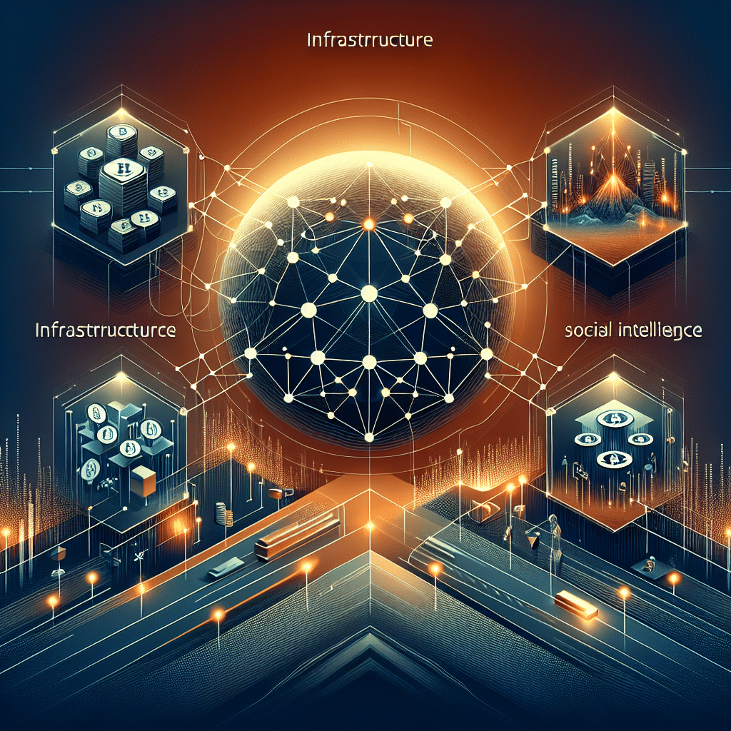 **Great SEO Alt-Text:** Modern digital illustration of leading 2024 crypto sectors—blockchain infrastructure, DeFi, AI, and social tokens—interconnected through networks and futuristic digital landscapes. Features geometric network and bridge icons for infrastructure, token exchanges for DeFi, AI brain graphics, and community symbols for social tokens. Design uses Orange #FF9811, Dark Blue #000D43, and Midnight Blue #021B88 with dynamic gradients, clean professional style, and visual cues for capital rotation, innovation, and technological growth. Perfect for representing crypto trends and blockchain technology in a sleek, modern context.