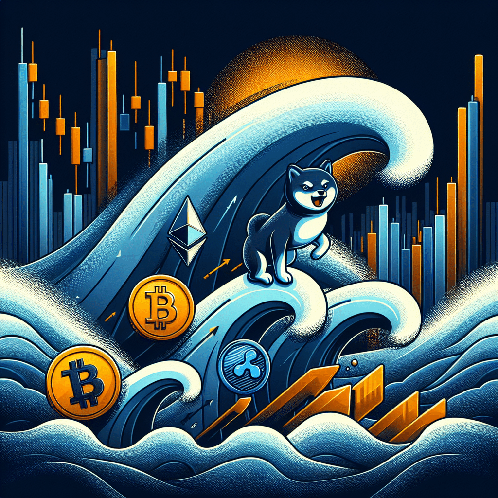 Sure! Here’s a compelling SEO alt-text for your described image prompt: "Modern digital illustration of turbulent crypto markets at 1200x628 pixels, featuring Bitcoin, Ethereum, XRP, and Shiba Inu icons lagging behind dark blue and midnight blue stormy waves, while Toncoin icon in bright orange (#FF9811) surges upward, symbolizing breakout growth. Subtle candlestick charts and upward arrows highlight crypto market volatility, all in a sleek, sophisticated, and energetic visual style with branded color accents."