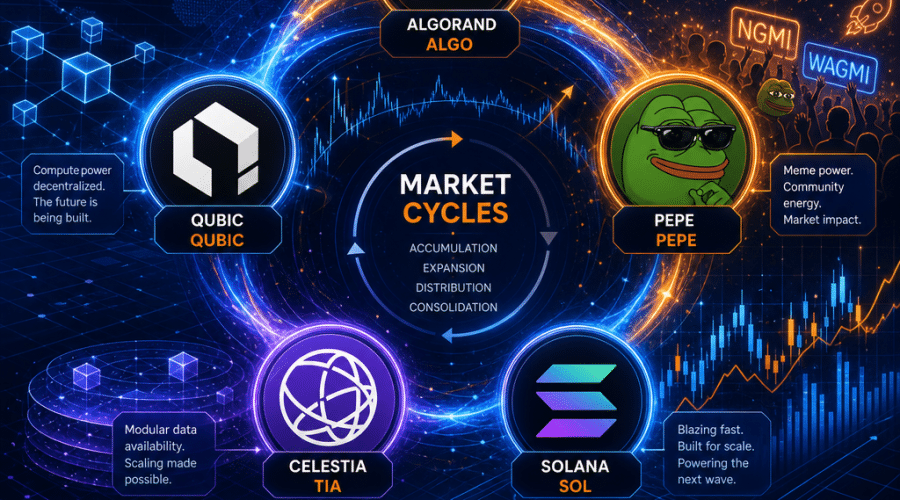 **SEO Alt-Text:** Modern digital illustration sized 1200x628 pixels depicting the evolving cryptocurrency market with dynamic, interconnected icons representing Algorand (ALGO), Pepe (PEPE), Qubic (QUBIC), Celestia (TIA), and Solana (SOL). The design features abstract network and blockchain motifs, symbolizing financial innovation, market volatility, and infrastructure growth, while integrating meme-driven sentiment. The artwork uses a prominent color palette of orange (#FF9811), dark blue (#000D43), and midnight blue (#021B88), creating a polished, professional, and forward-looking visual ideal for the crypto finance sector.