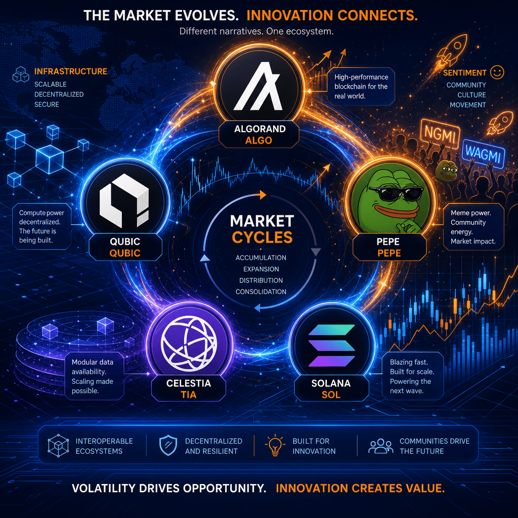 **SEO Alt-Text:** Modern digital illustration sized 1200x628 pixels depicting the evolving cryptocurrency market with dynamic, interconnected icons representing Algorand (ALGO), Pepe (PEPE), Qubic (QUBIC), Celestia (TIA), and Solana (SOL). The design features abstract network and blockchain motifs, symbolizing financial innovation, market volatility, and infrastructure growth, while integrating meme-driven sentiment. The artwork uses a prominent color palette of orange (#FF9811), dark blue (#000D43), and midnight blue (#021B88), creating a polished, professional, and forward-looking visual ideal for the crypto finance sector.