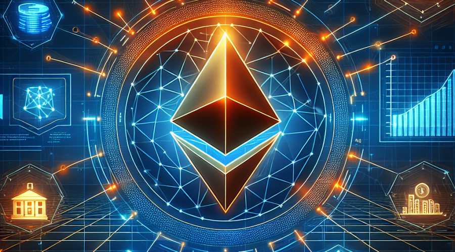 **SEO-Optimized Alt Text:** Modern digital illustration of Ethereum blockchain tokenizing real-world assets; central bright orange Ethereum symbol surrounded by glowing blue network lines linking real estate, stocks, and commodity icons, set against a sleek, futuristic background with a subtle rising chart, grids, and cohesive gradients, representing innovation and growth in trustless crypto asset management.
