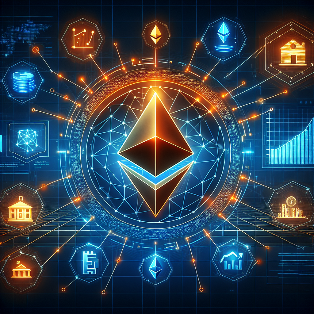 **SEO-Optimized Alt Text:** Modern digital illustration of Ethereum blockchain tokenizing real-world assets; central bright orange Ethereum symbol surrounded by glowing blue network lines linking real estate, stocks, and commodity icons, set against a sleek, futuristic background with a subtle rising chart, grids, and cohesive gradients, representing innovation and growth in trustless crypto asset management.
