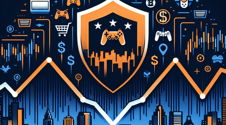 **SEO-optimized alt-text:** Digital illustration showing a seamless blend of GameStop and eBay logos and branding, with GameStop’s orange and eBay’s multi-color elements converging through bold arrows and overlapping shapes to symbolize a potential acquisition. In the background, midnight blue and dark blue Wall Street cityscape silhouettes evoke a financial setting, while stylized stock charts with rising and falling points reflect market volatility and skepticism. Subtle digital icons like shopping carts and gaming controllers are layered throughout, creating a polished, modern composition that visually represents the intersection of gaming retail and e-commerce brands.