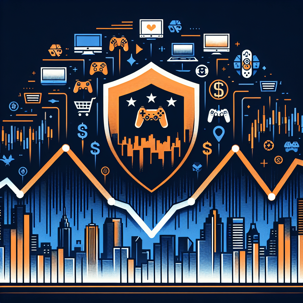 **SEO-optimized alt-text:** Digital illustration showing a seamless blend of GameStop and eBay logos and branding, with GameStop’s orange and eBay’s multi-color elements converging through bold arrows and overlapping shapes to symbolize a potential acquisition. In the background, midnight blue and dark blue Wall Street cityscape silhouettes evoke a financial setting, while stylized stock charts with rising and falling points reflect market volatility and skepticism. Subtle digital icons like shopping carts and gaming controllers are layered throughout, creating a polished, modern composition that visually represents the intersection of gaming retail and e-commerce brands.