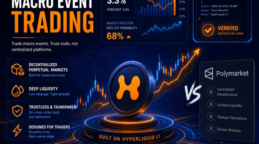 **Great SEO Alt-Text:** Modern digital illustration depicting on-chain macro event trading, featuring stylized financial charts, binary contract graphics, and US Consumer Price Index references; includes blockchain and decentralized finance symbols, subtle competition imagery (hinting at Hyperliquid versus Polymarket), all set on a sleek background with Hyperliquid’s brand colors of orange (#FF9811), dark blue (#000D43), and midnight blue (#021B88), designed as a professional WordPress blog header.