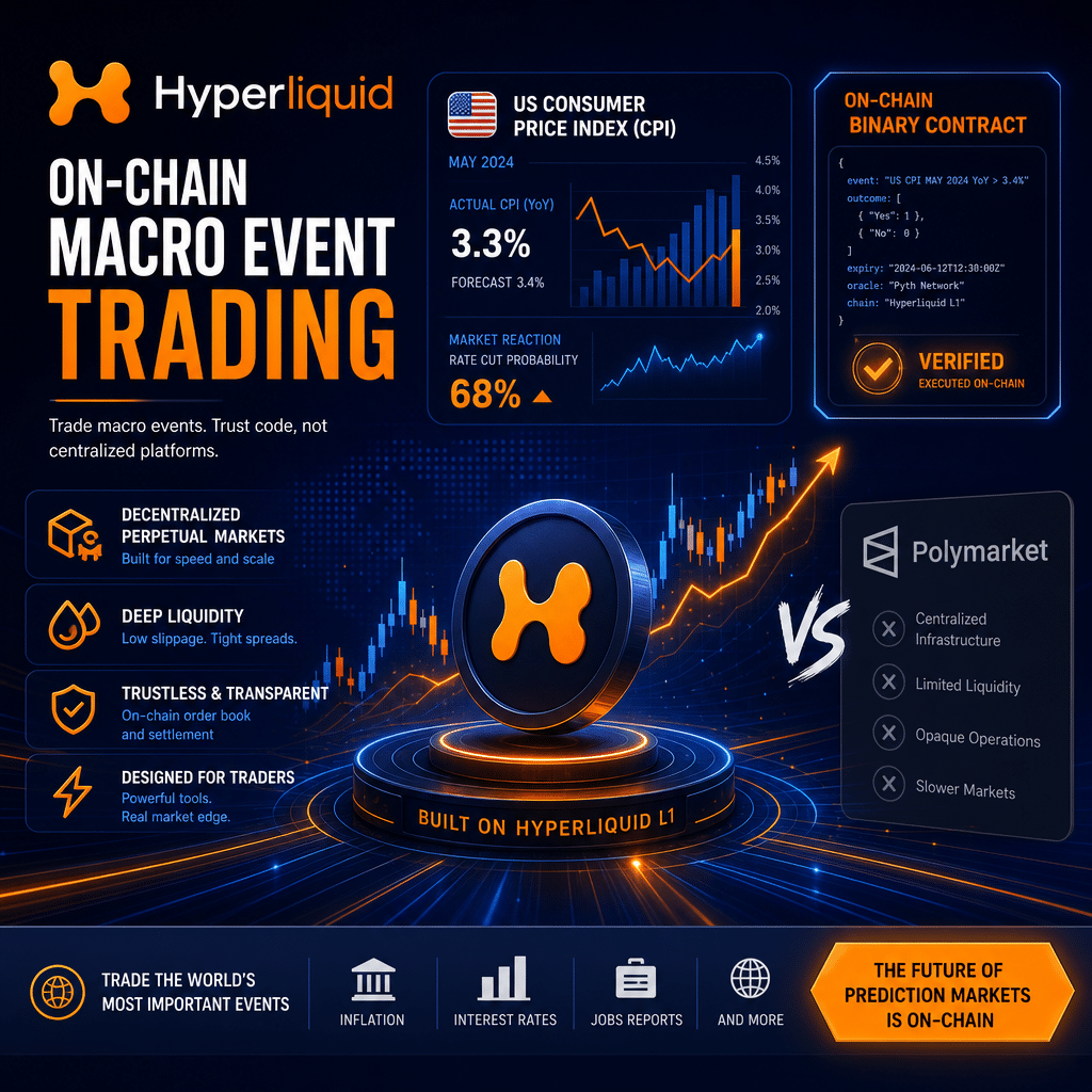 **Great SEO Alt-Text:** Modern digital illustration depicting on-chain macro event trading, featuring stylized financial charts, binary contract graphics, and US Consumer Price Index references; includes blockchain and decentralized finance symbols, subtle competition imagery (hinting at Hyperliquid versus Polymarket), all set on a sleek background with Hyperliquid’s brand colors of orange (#FF9811), dark blue (#000D43), and midnight blue (#021B88), designed as a professional WordPress blog header.