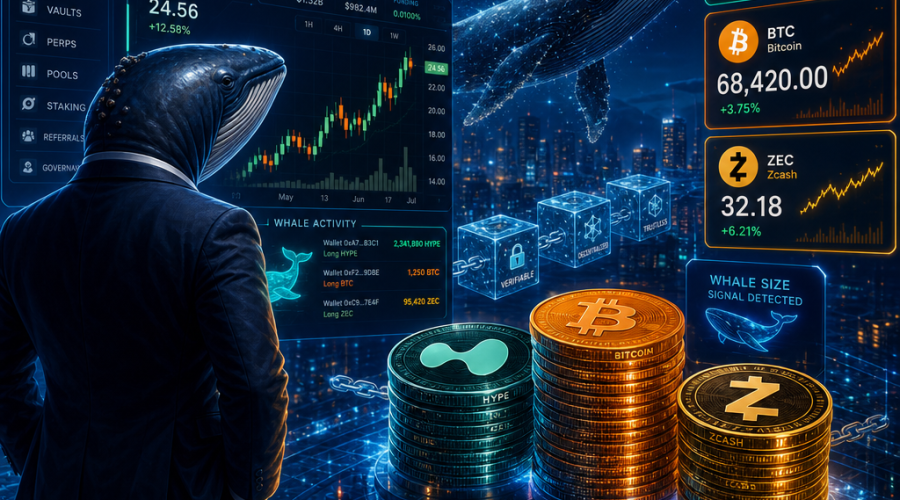SEO Alt-Text: "Futuristic blog header image (1200x628 px) featuring a confident whale trader monitoring digital charts and price tickers for HYPE token ($HYPE), Bitcoin (BTC), and Zcash (ZEC); includes DeFi elements like a transparent blockchain, candlestick graphs, stylized Hyperliquid DEX interface, and large token stacks, all designed with bold orange (#FF9811), dark blue (#000D43), and midnight blue (#021B88) colors to convey strategic crypto trading, whale activity, and on-chain market transparency."