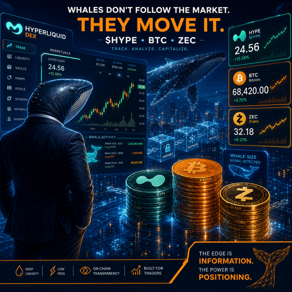 SEO Alt-Text: "Futuristic blog header image (1200x628 px) featuring a confident whale trader monitoring digital charts and price tickers for HYPE token ($HYPE), Bitcoin (BTC), and Zcash (ZEC); includes DeFi elements like a transparent blockchain, candlestick graphs, stylized Hyperliquid DEX interface, and large token stacks, all designed with bold orange (#FF9811), dark blue (#000D43), and midnight blue (#021B88) colors to convey strategic crypto trading, whale activity, and on-chain market transparency."