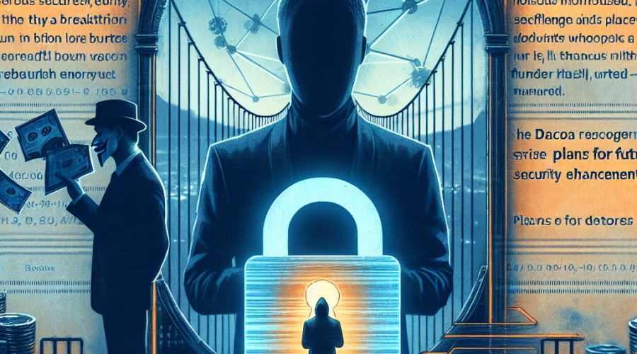 "LayerZero issuing public apology with Lazarus Group silhouette and compromised secure lock icon, displayed against a backdrop of a faded DAO bridge and floating financial figures symbolizing the drained Kelp DAOs rsETH bridge funds. Accompanying text in orange reflects on their past mistakes while a visualization of gears and racks in midnight blue showcase future security protocol improvements."
