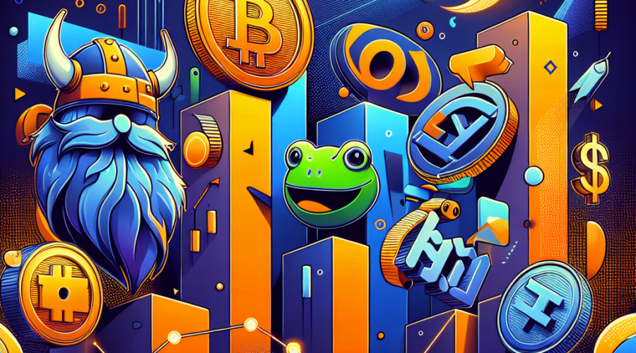 **SEO-optimized alt text:** "Modern digital illustration collage of popular memecoin symbols—Pepe, Floki, Bonk, Fartcoin, and SPX6900—set against a glowing upward graph line symbolizing rising trading volumes and market growth. Abstract shapes, candlestick charts, and wallet icons represent active cryptocurrency trading and accumulation. The background features cohesive gradients and accents in orange (#FF9811), dark blue (#000D43), and midnight blue (#021B88) to match branding, creating an energetic and innovative atmosphere of memecoin market volatility."