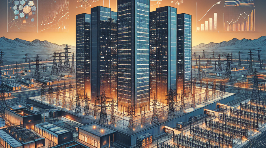**Great SEO Alt-text:** Futuristic data center campus in El Paso, Texas, surrounded by cutting-edge digital infrastructure, cloud and AI graphics, investment symbols like financial graphs and dollar icons, and glowing energy features such as power lines and substations, all unified with vibrant Orange (#FF9811), Dark Blue (#000D43), and Midnight Blue (#021B88) brand colors, illustrating innovation, large-scale technology, and financial strength in the digital economy.