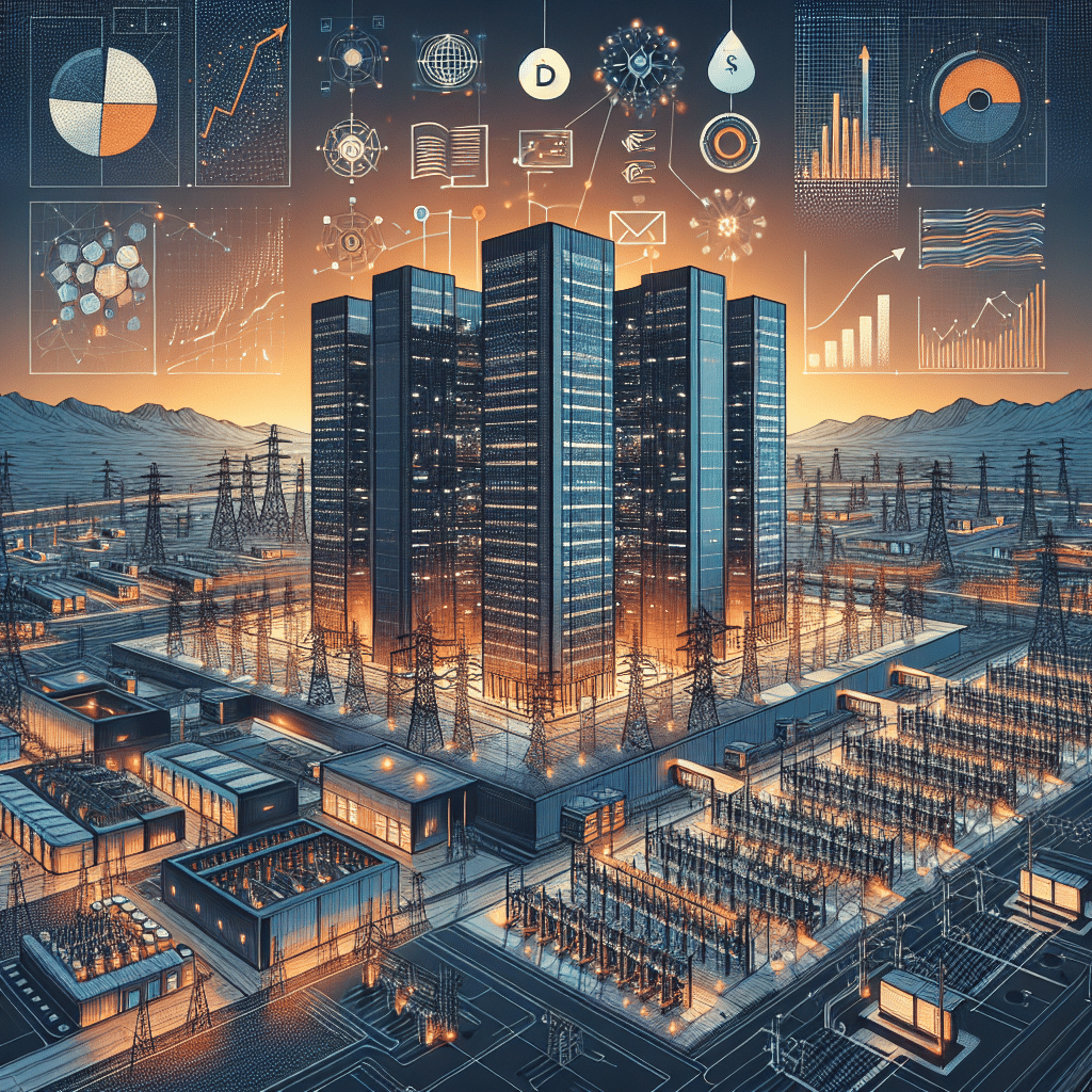 **Great SEO Alt-text:** Futuristic data center campus in El Paso, Texas, surrounded by cutting-edge digital infrastructure, cloud and AI graphics, investment symbols like financial graphs and dollar icons, and glowing energy features such as power lines and substations, all unified with vibrant Orange (#FF9811), Dark Blue (#000D43), and Midnight Blue (#021B88) brand colors, illustrating innovation, large-scale technology, and financial strength in the digital economy.