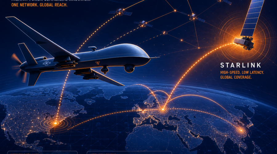 **Alt-text for SEO:** High-tech digital illustration of a military drone in flight over an abstract world map, with dynamic network lines connecting the drone to a glowing Starlink satellite among a constellation in orbit; features Pentagon and SpaceX logos in the background to symbolize business and defense sector conflict in military satellite communications, using dramatic orange (#FF9811), dark blue (#000D43), and midnight blue (#021B88) brand colors; sized for a 1200x628 pixel aspect ratio, representing advanced private enterprise technology in global defense communications.