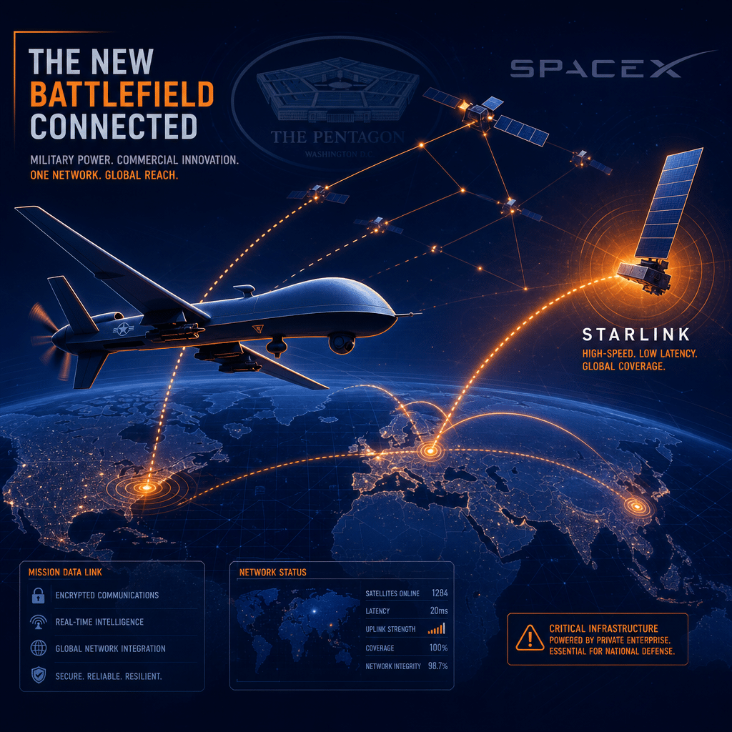 **Alt-text for SEO:** High-tech digital illustration of a military drone in flight over an abstract world map, with dynamic network lines connecting the drone to a glowing Starlink satellite among a constellation in orbit; features Pentagon and SpaceX logos in the background to symbolize business and defense sector conflict in military satellite communications, using dramatic orange (#FF9811), dark blue (#000D43), and midnight blue (#021B88) brand colors; sized for a 1200x628 pixel aspect ratio, representing advanced private enterprise technology in global defense communications.