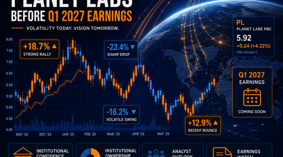 Certainly! Here is a highly-optimized SEO image alt-text for your described image: **Alt-text:** "Modern blog header image visualizing Planet Labs' dramatic stock volatility before its Q1 2027 earnings, featuring a dynamic candlestick stock chart with sharp rises and falls, percentage swings, and data streams connecting a satellite orbiting Earth to stock graphs. High-tech design uses Planet Labs brand colors orange #FF9811, dark blue #000D43, midnight blue #021B88, with subtle icons for institutional investing and earnings reports, conveying financial analysis and market trends." Let me know if you’d like a slightly shorter or more keyword-targeted version!