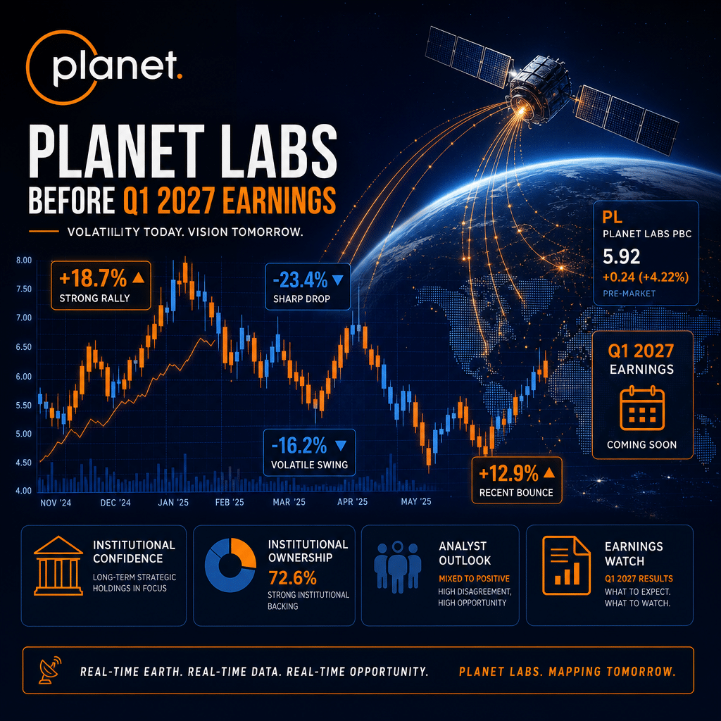 Certainly! Here is a highly-optimized SEO image alt-text for your described image: **Alt-text:** "Modern blog header image visualizing Planet Labs' dramatic stock volatility before its Q1 2027 earnings, featuring a dynamic candlestick stock chart with sharp rises and falls, percentage swings, and data streams connecting a satellite orbiting Earth to stock graphs. High-tech design uses Planet Labs brand colors orange #FF9811, dark blue #000D43, midnight blue #021B88, with subtle icons for institutional investing and earnings reports, conveying financial analysis and market trends." Let me know if you’d like a slightly shorter or more keyword-targeted version!