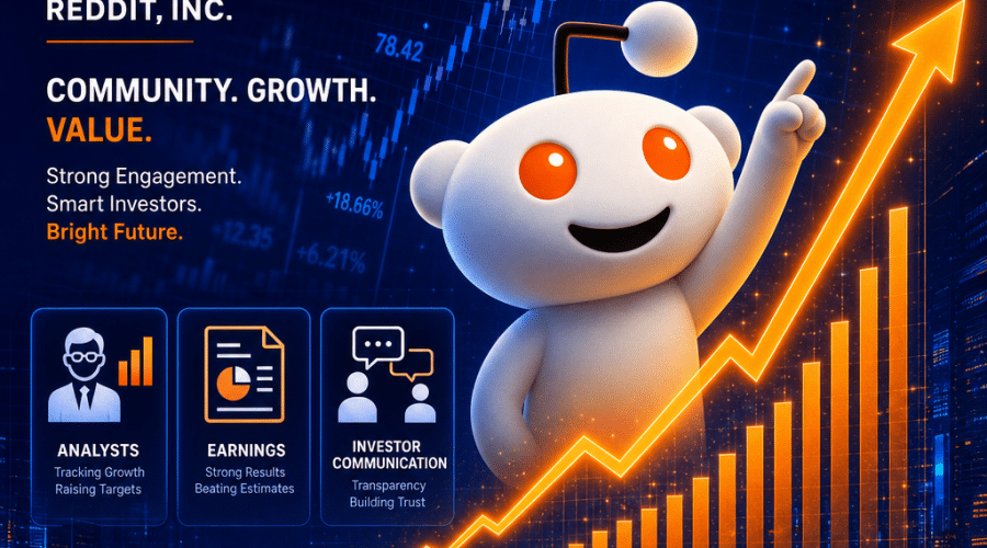SEO Alt-Text: "Dynamic 1200x628 image showing an upward-trending stock graph overlaying the Reddit alien mascot, featuring ticker RDDT, analyst, earnings report, and investor communication icons, with a modern tech-finance design in vibrant orange, deep dark blue, and midnight blue, symbolizing a positive financial rally for a corporate finance blog post."