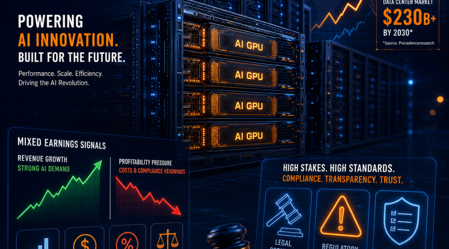 **SEO Alt-Text:** Modern digital illustration showing a row of Super Micro Computer data center servers in dark blue and midnight blue tones, with vibrant orange glowing AI GPU components, symbolic of advanced AI technology and high-tech industry growth. The scene features subtle overlays of financial charts, displaying both upward and downward trends to represent mixed earnings, along with transparent legal and regulatory icons—a gavel and caution sign—indicating compliance challenges. The dynamic, credible design uses the brand’s distinctive colors and visualizes Supermicro’s ambitious, high-stakes journey in the competitive AI server market. Image size: 1200x628 pixels.