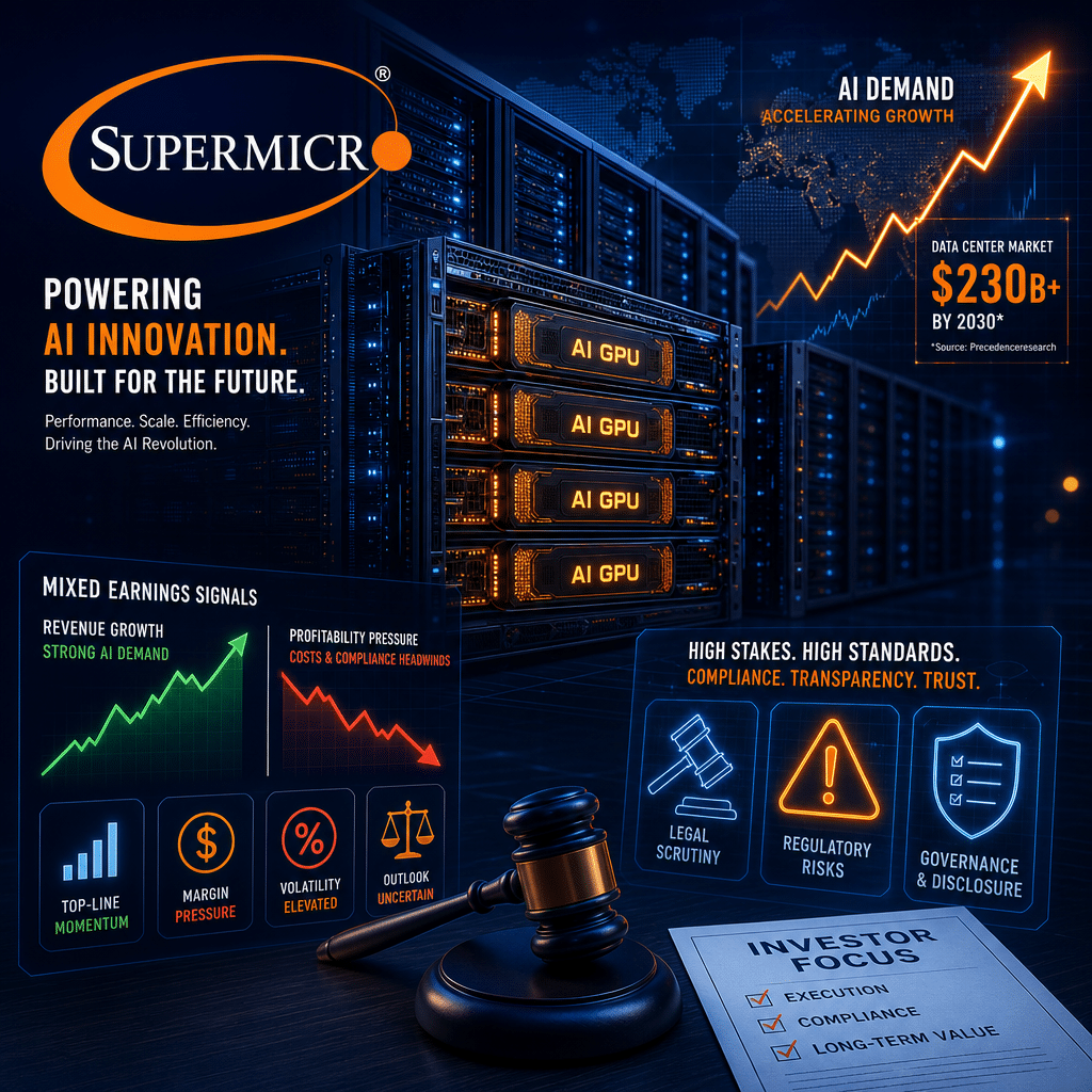 **SEO Alt-Text:** Modern digital illustration showing a row of Super Micro Computer data center servers in dark blue and midnight blue tones, with vibrant orange glowing AI GPU components, symbolic of advanced AI technology and high-tech industry growth. The scene features subtle overlays of financial charts, displaying both upward and downward trends to represent mixed earnings, along with transparent legal and regulatory icons—a gavel and caution sign—indicating compliance challenges. The dynamic, credible design uses the brand’s distinctive colors and visualizes Supermicro’s ambitious, high-stakes journey in the competitive AI server market. Image size: 1200x628 pixels.