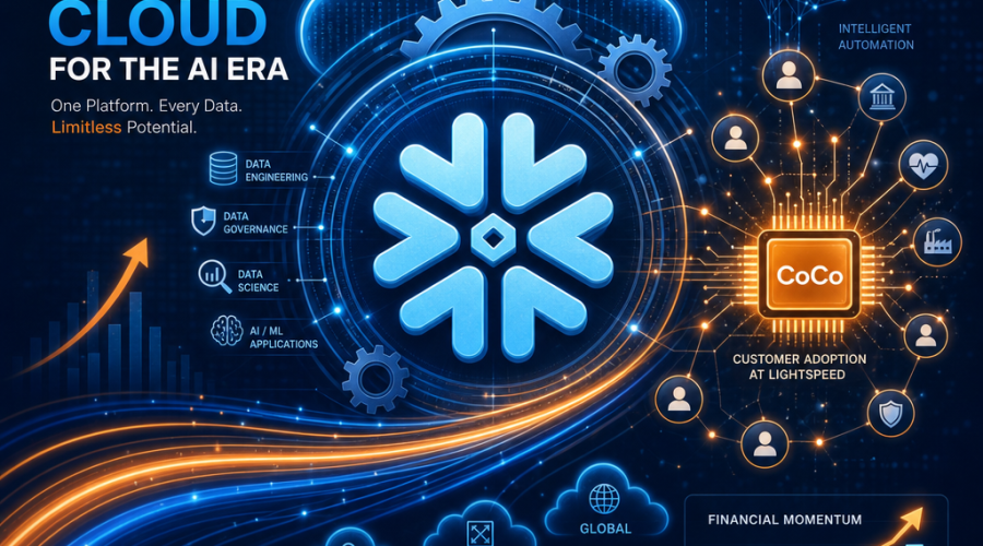 SEO Alt-Text: Futuristic digital illustration featuring Snowflake’s snowflake logo at the center, seamlessly integrated with gears, data cloud symbols, and subtle AI neural network graphics. Flowing orange (#FF9811), dark blue (#000D43), and midnight blue (#021B88) lines highlight innovation in enterprise data infrastructure and digital connectivity. A prominent “CoCo” chip is surrounded by clustered customer icons, representing rapid adoption, AI-driven transformation, and strategic growth. Modern, high-quality design styled for technology and finance WordPress blog featured image.