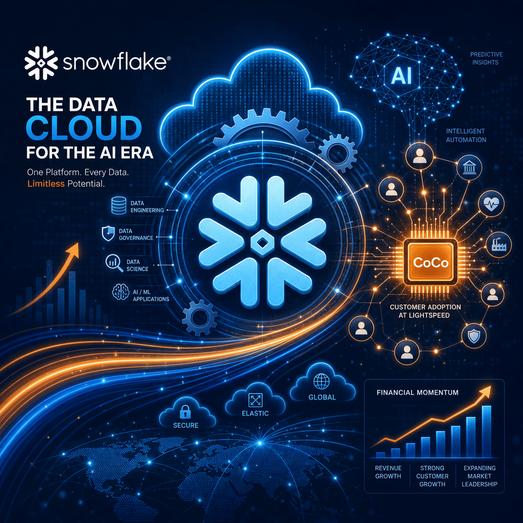 SEO Alt-Text: Futuristic digital illustration featuring Snowflake’s snowflake logo at the center, seamlessly integrated with gears, data cloud symbols, and subtle AI neural network graphics. Flowing orange (#FF9811), dark blue (#000D43), and midnight blue (#021B88) lines highlight innovation in enterprise data infrastructure and digital connectivity. A prominent “CoCo” chip is surrounded by clustered customer icons, representing rapid adoption, AI-driven transformation, and strategic growth. Modern, high-quality design styled for technology and finance WordPress blog featured image.