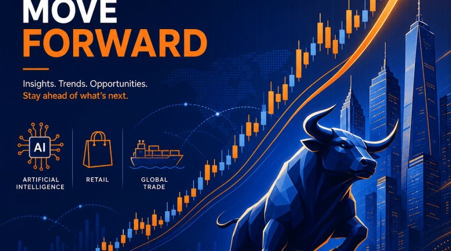 **SEO Alt-Text:** Modern digital illustration for a financial blog showing a dynamic, upward-trending stock chart with orange, dark blue, and midnight blue candlestick lines. The image features abstract silhouettes of a bull and skyscrapers to symbolize market highs, with faint overlay icons of a microchip, shopping bag, and cargo ship representing AI, retail, and global trade sectors. Bold, energetic lines convey market momentum and optimism, while contained wave elements in the background hint at volatility. The design uses brand colors prominently, maintains a professional and sleek style, and includes ample clean negative space for clarity.