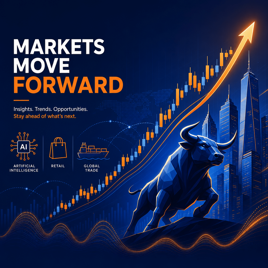 **SEO Alt-Text:** Modern digital illustration for a financial blog showing a dynamic, upward-trending stock chart with orange, dark blue, and midnight blue candlestick lines. The image features abstract silhouettes of a bull and skyscrapers to symbolize market highs, with faint overlay icons of a microchip, shopping bag, and cargo ship representing AI, retail, and global trade sectors. Bold, energetic lines convey market momentum and optimism, while contained wave elements in the background hint at volatility. The design uses brand colors prominently, maintains a professional and sleek style, and includes ample clean negative space for clarity.
