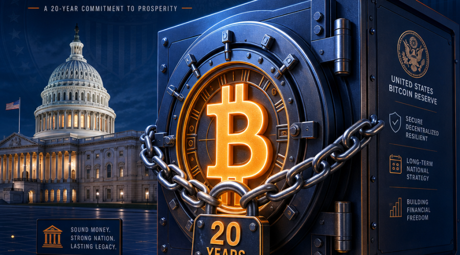 **SEO Alt-Text:** Modern illustration of the US government holding Bitcoin as a national reserve, featuring a futuristic vault with the Bitcoin logo chained with "20 Years", and subtle US Capitol architecture in the background; uses orange, dark blue, and midnight blue for a trustworthy, innovative look.