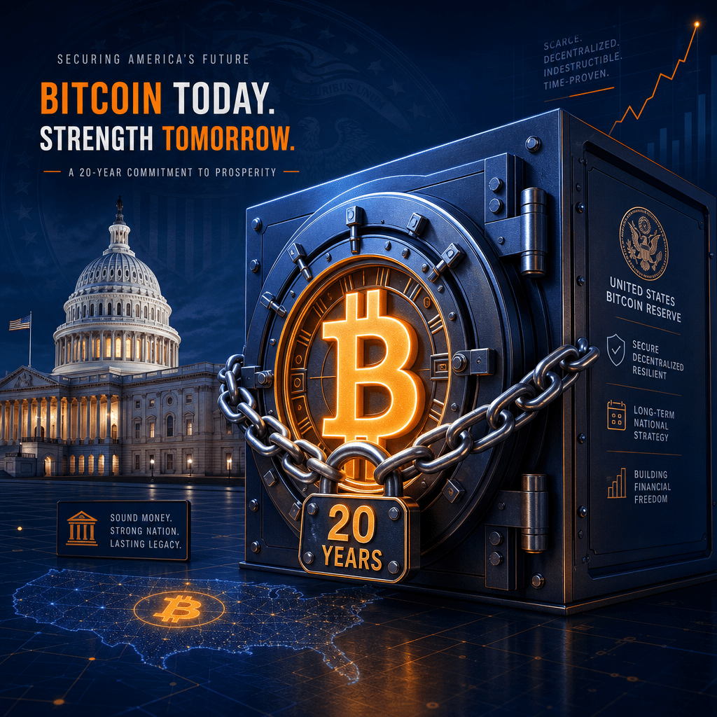 **SEO Alt-Text:** Modern illustration of the US government holding Bitcoin as a national reserve, featuring a futuristic vault with the Bitcoin logo chained with "20 Years", and subtle US Capitol architecture in the background; uses orange, dark blue, and midnight blue for a trustworthy, innovative look.