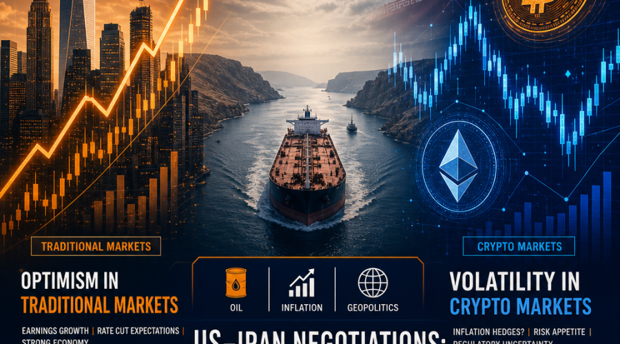 Certainly! Here’s an SEO-optimized alt-text for your described image: **Alt-text:** Modern professional blog header featuring a split composition: on the left, an upward-trending stock market chart overlays New York City skyscraper silhouettes symbolizing optimism in traditional finance; on the right, volatile Bitcoin and Ethereum charts with crypto symbols represent crypto market fluctuations. The background subtly shows an oil tanker navigating a narrow strait and diplomatic handshake silhouettes, reflecting US-Iran negotiations, global politics, inflation, and their impact on financial markets. Brand colors orange #FF9811, dark blue #000D43, and midnight blue #021B88 create a dynamic, analytical atmosphere. Let me know if you’d like a shorter version or want to emphasize any specific keywords!