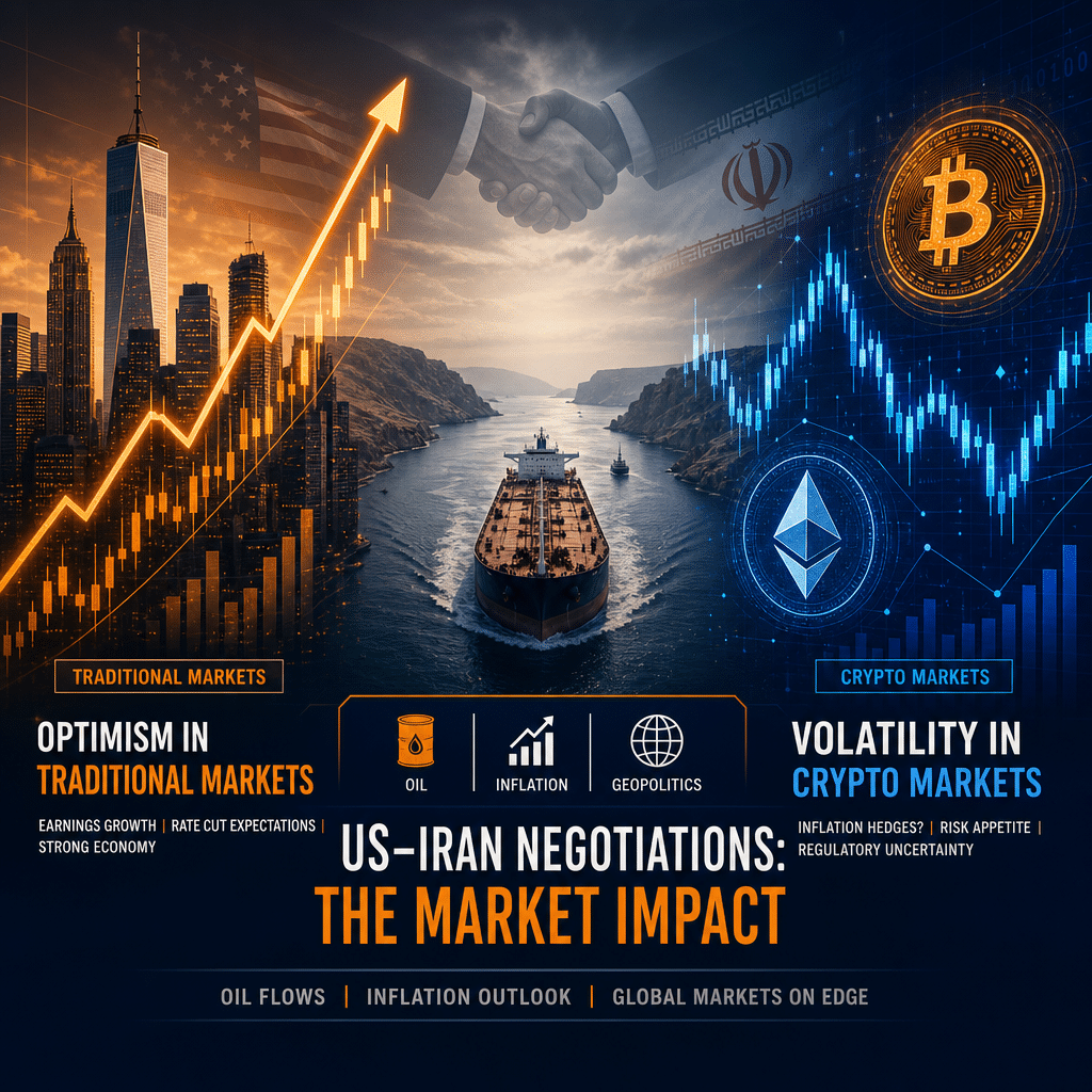 Certainly! Here’s an SEO-optimized alt-text for your described image: **Alt-text:** Modern professional blog header featuring a split composition: on the left, an upward-trending stock market chart overlays New York City skyscraper silhouettes symbolizing optimism in traditional finance; on the right, volatile Bitcoin and Ethereum charts with crypto symbols represent crypto market fluctuations. The background subtly shows an oil tanker navigating a narrow strait and diplomatic handshake silhouettes, reflecting US-Iran negotiations, global politics, inflation, and their impact on financial markets. Brand colors orange #FF9811, dark blue #000D43, and midnight blue #021B88 create a dynamic, analytical atmosphere. Let me know if you’d like a shorter version or want to emphasize any specific keywords!