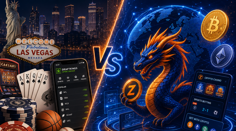 **SEO-Focused Alt-Text:** Split-image highlighting the clash between traditional U.S. online gambling giants Caesars and DraftKings versus innovative crypto casino ZunaBet. Left side features iconic American gambling symbols—casino chips, playing cards, sports balls, and cityscape with Caesars and DraftKings branding in dark blue and orange. Right side shows a futuristic crypto casino world with blockchain graphics, digital Bitcoin and Ethereum coins, and a vibrant dragon mascot representing ZunaBet, using midnight blue and orange accent colors. The modern, sleek design visually contrasts legacy gaming with the seamless future of global crypto gambling platforms.