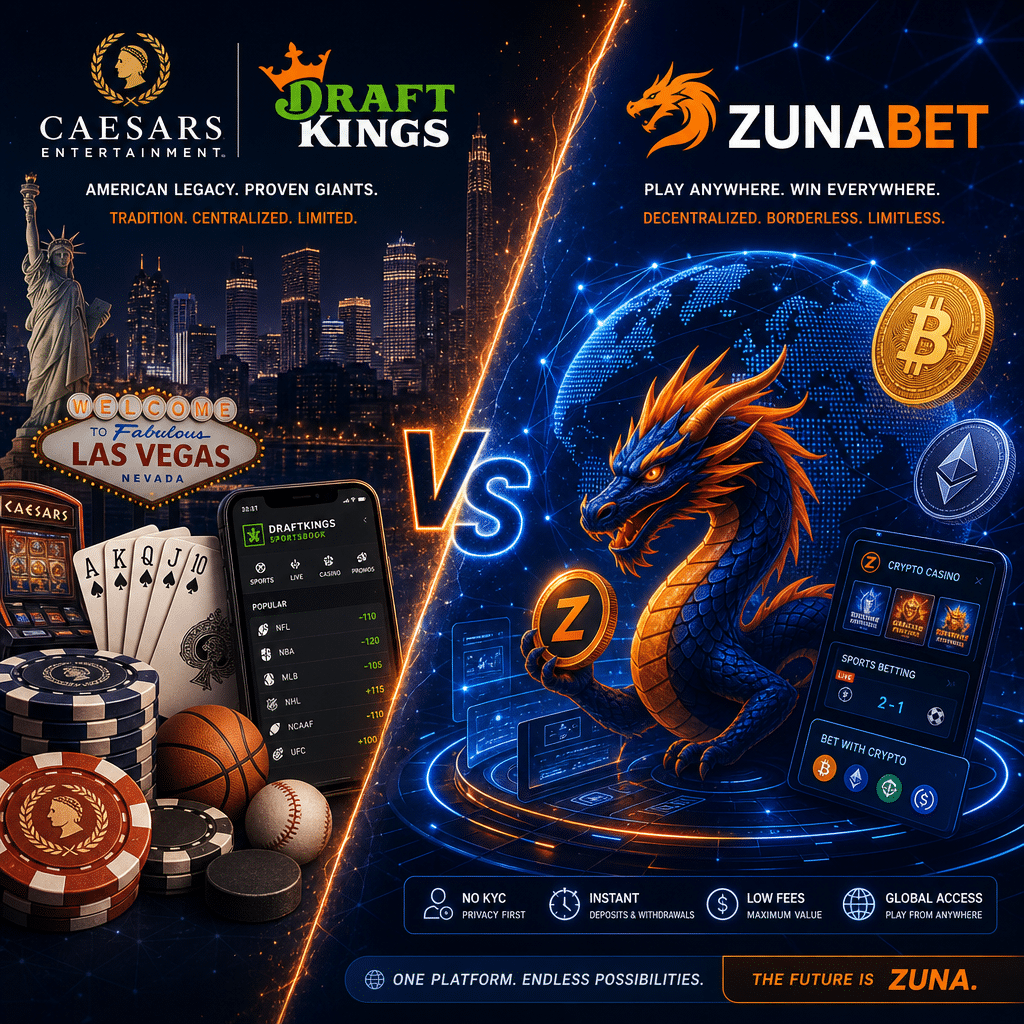 **SEO-Focused Alt-Text:** Split-image highlighting the clash between traditional U.S. online gambling giants Caesars and DraftKings versus innovative crypto casino ZunaBet. Left side features iconic American gambling symbols—casino chips, playing cards, sports balls, and cityscape with Caesars and DraftKings branding in dark blue and orange. Right side shows a futuristic crypto casino world with blockchain graphics, digital Bitcoin and Ethereum coins, and a vibrant dragon mascot representing ZunaBet, using midnight blue and orange accent colors. The modern, sleek design visually contrasts legacy gaming with the seamless future of global crypto gambling platforms.