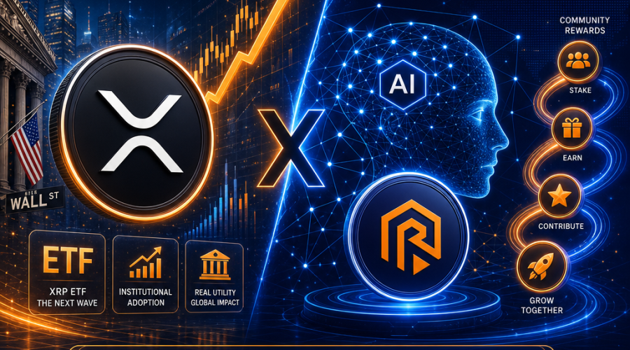 **SEO Alt-Text:** Modern fintech and AI blog banner featuring XRP logo with rising financial charts, ETF symbols, and Wall Street excitement on one side, contrasted with Ruvi AI’s token, neural networks, and flowing reward icons on the other side; uses vibrant Orange (#FF9811), Dark Blue (#000D43), and Midnight Blue (#021B88) colors for a sleek, professional look reflecting blockchain innovation and fintech trends.