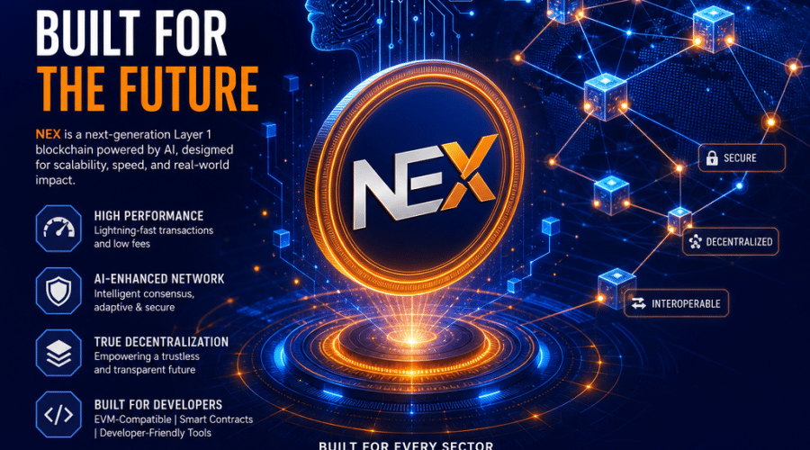 SEO Alt-Text: Digital illustration of a Layer 1 blockchain network with interconnected luminous nodes and data chains, accented by glowing orange AI circuitry, on a deep midnight blue and dark blue background (#021B88, #000D43), featuring vibrant orange (#FF9811) highlights and futuristic abstract shapes, symbolizing the fusion of AI and blockchain, technological innovation, and developer empowerment; includes a stylized NEX token for a sleek, modern Web3 and high-tech finance brand aesthetic.