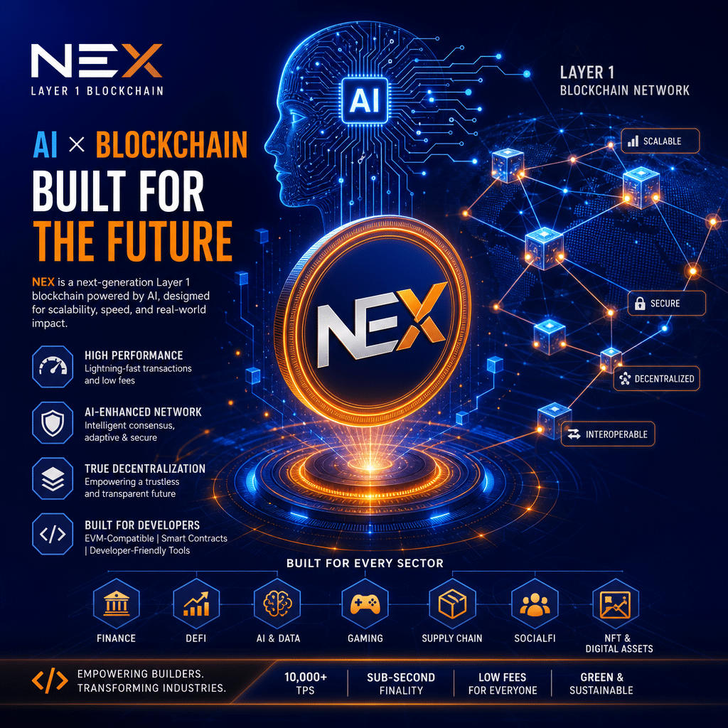 SEO Alt-Text: Digital illustration of a Layer 1 blockchain network with interconnected luminous nodes and data chains, accented by glowing orange AI circuitry, on a deep midnight blue and dark blue background (#021B88, #000D43), featuring vibrant orange (#FF9811) highlights and futuristic abstract shapes, symbolizing the fusion of AI and blockchain, technological innovation, and developer empowerment; includes a stylized NEX token for a sleek, modern Web3 and high-tech finance brand aesthetic.