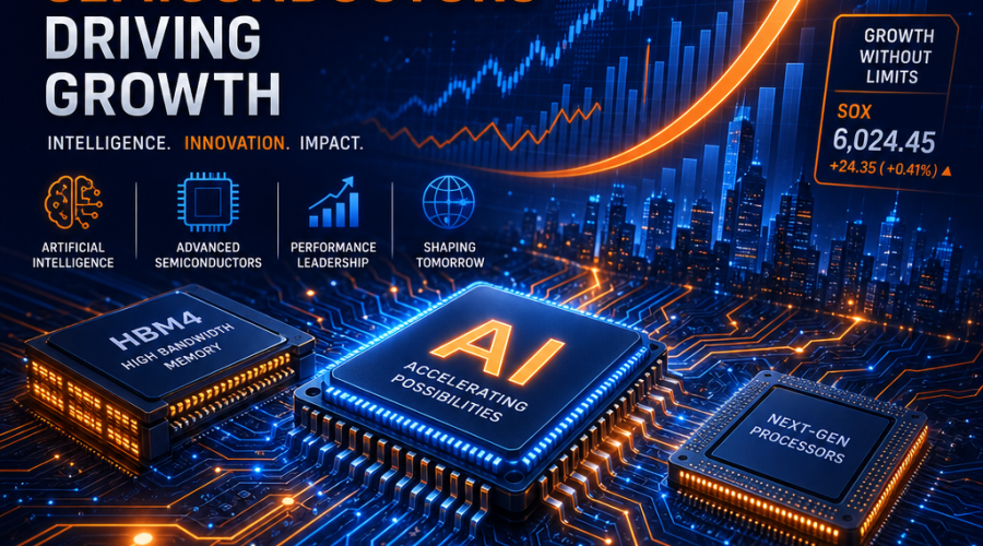 alt="Futuristic illustration depicting the dynamic intersection of artificial intelligence and the semiconductor industry in 2026, featuring vibrant AI icons and interwoven circuit patterns with advanced memory chips and processors. Silhouettes of upward-trending graphs and stock market symbols highlight growth, while bold splashes of orange, dark blue, and midnight blue reinforce a modern, tech-forward, and optimistic brand identity. Ideal for a WordPress blog header."
