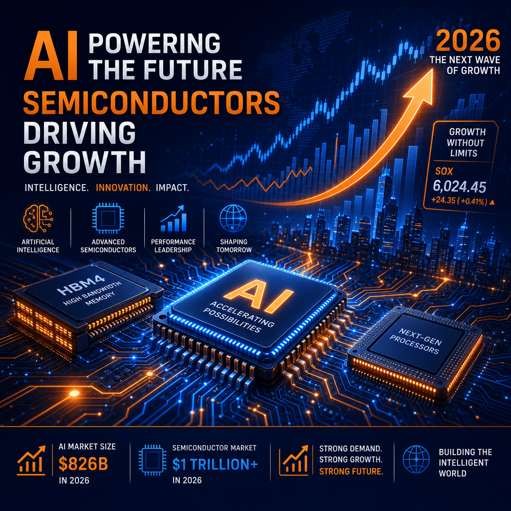 alt="Futuristic illustration depicting the dynamic intersection of artificial intelligence and the semiconductor industry in 2026, featuring vibrant AI icons and interwoven circuit patterns with advanced memory chips and processors. Silhouettes of upward-trending graphs and stock market symbols highlight growth, while bold splashes of orange, dark blue, and midnight blue reinforce a modern, tech-forward, and optimistic brand identity. Ideal for a WordPress blog header."