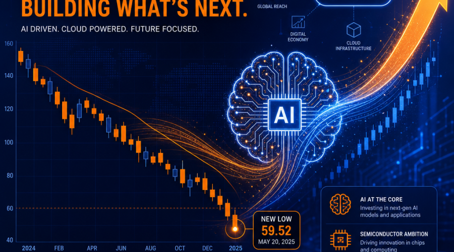Great SEO alt-text for your described image: "Modern digital illustration sized 1200 x 628 pixels showing Alibaba’s sharply declining stock graph with orange and dark blue candlestick chart on a tech-themed background; features flowing lines, subtle AI chip and cloud icons, and faint circuitry, with an AI brain and semiconductor motif bridging the downtrend to a brighter upward trend, symbolizing recovery, AI ambitions, and tech transformation; uses orange (#FF9811), dark blue (#000D43), and midnight blue (#021B88) brand colors for a clean, dynamic financial technology blog post image."