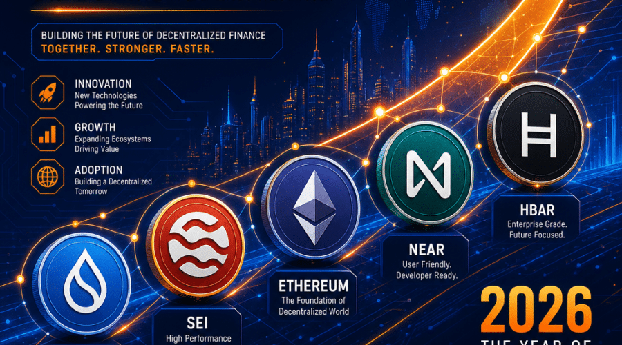 **Great SEO Alt-Text:** Dynamic digital illustration showing SUI, SEI, Ethereum, NEAR, and HBAR cryptocurrency icons ascending along a rising arrow overlaid with blockchain and circuit motifs, symbolizing innovation, growth, and momentum in the altcoin market. Features bold orange, dark blue, and midnight blue brand colors, reflecting technology-driven anticipation for altcoin expansion toward 2026.