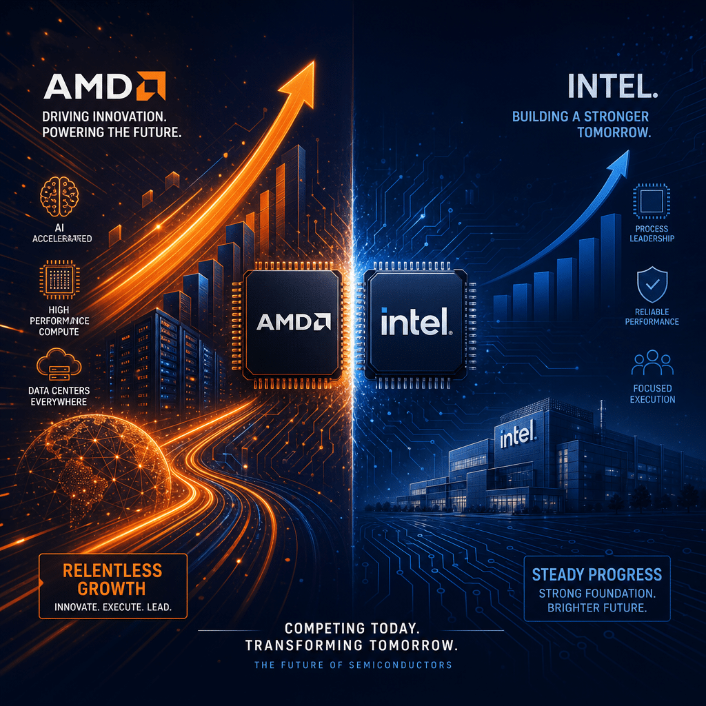 **SEO Alt-text:** Sleek digital illustration showing AMD versus Intel semiconductor competition, sized 1200x628 pixels. Left side features vibrant glowing orange and midnight blue geometric shapes representing AMD’s rapid innovation in AI and data centers, while right side displays stable dark blue elements, upward arrow, and circuit patterns for Intel’s recovery and steady growth. Centered are microchip icons labeled AMD and Intel, highlighting their rivalry and transformation in the tech industry, all with clean, professional tech aesthetics and distinct brand colors. --- Let me know if you want a more keyword-optimized alt-text for a specific platform (e.g., LinkedIn, Twitter, website blog), or if you'd like a shorter alt-text!